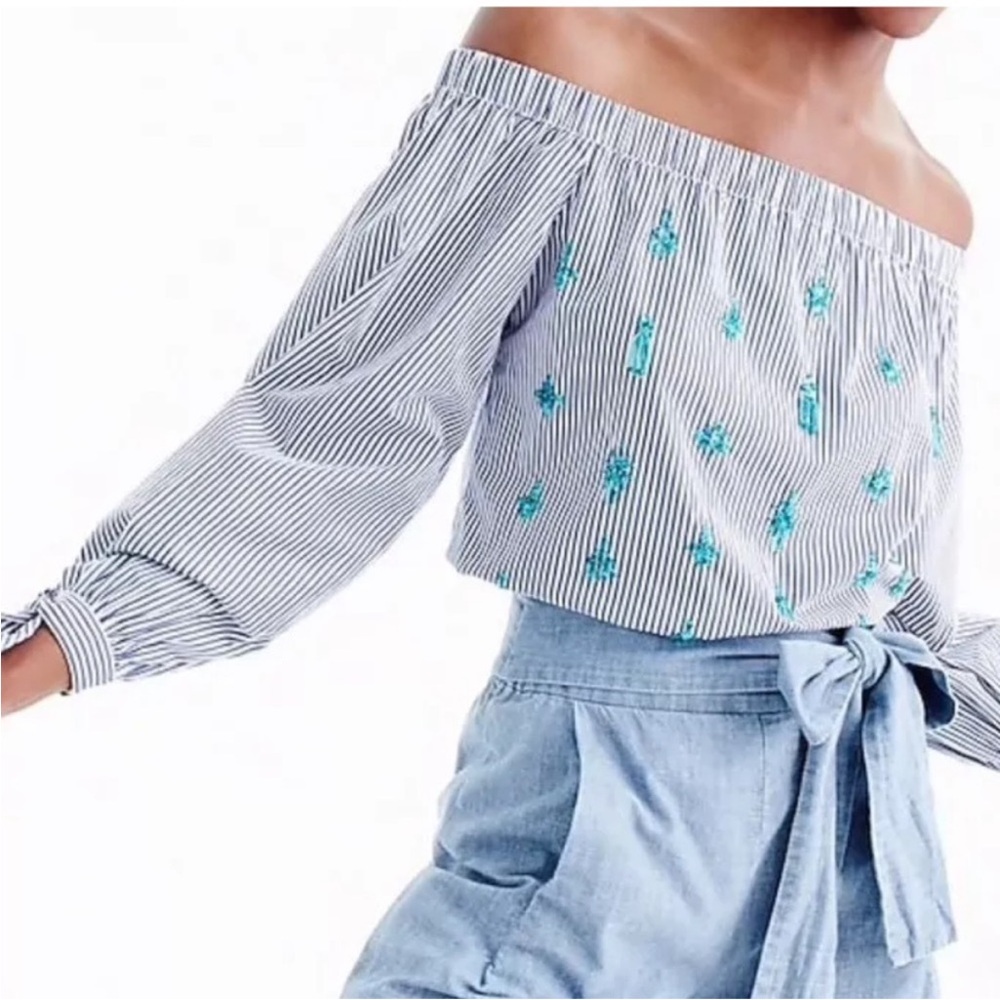 Woman's J. Crew 00 Embellished Striped Off- Shoulder Cotton Top Multi